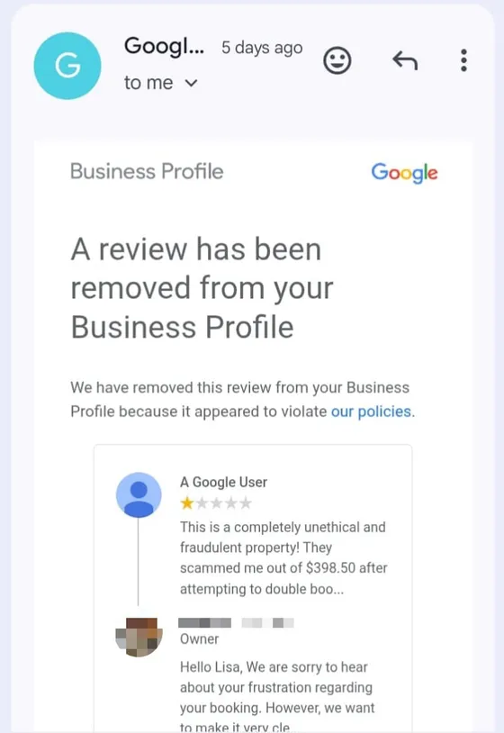 Screenshot of Google Business Profile support email confirming review removal 3