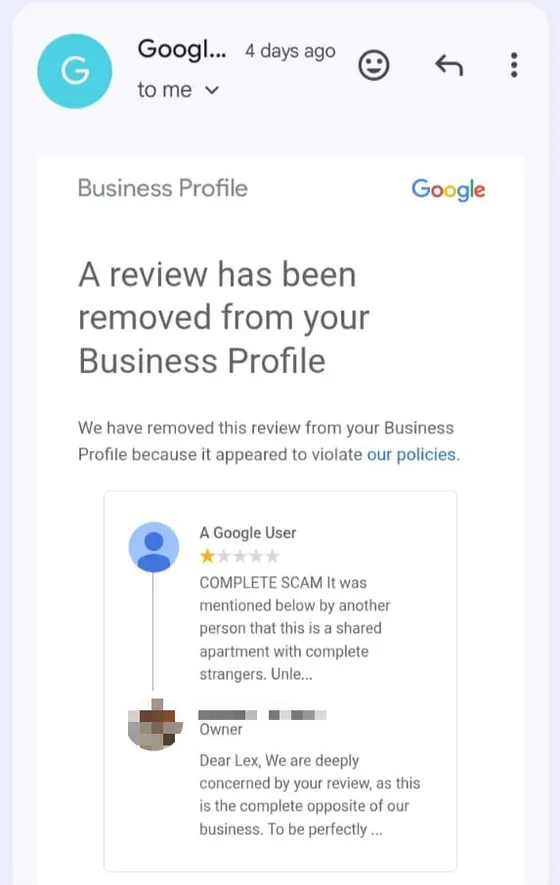 Screenshot of Google Business Profile support email confirming review removal 2