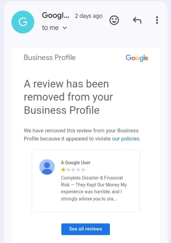Screenshot of Google Business Profile support email confirming review removal 4