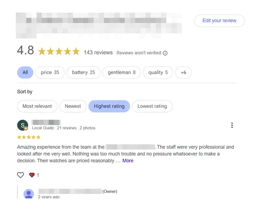 Watch Repair review profile after our removal work